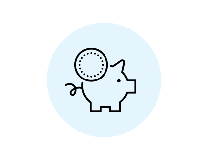 Icon of a black outline of a piggy bank with a coin hovering above it, on a light blue background