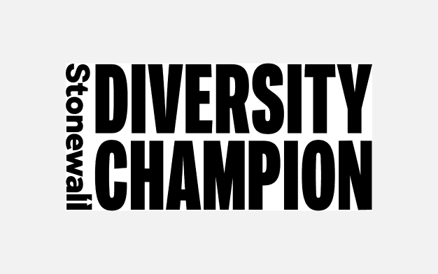 Black font of "Stonewall Diversity Champion" on a white, solid background