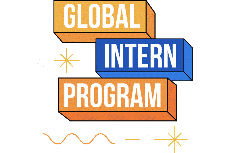 Graphic of text saying "Global Intern Program" with rotating images of interns at The Trade Desk