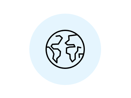 Icon of a black outline globe on a light blue background