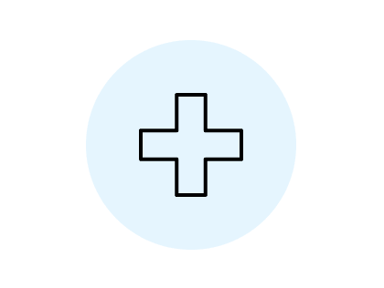 Icon of a black outline medical cross on a light blue background