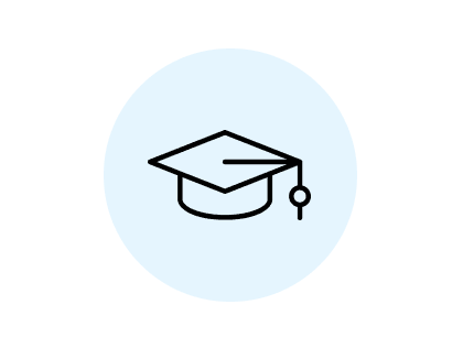 Icon of a black outline graduation cap on a light blue background