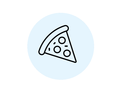 Icon of a black outline pizza slice on a light blue background